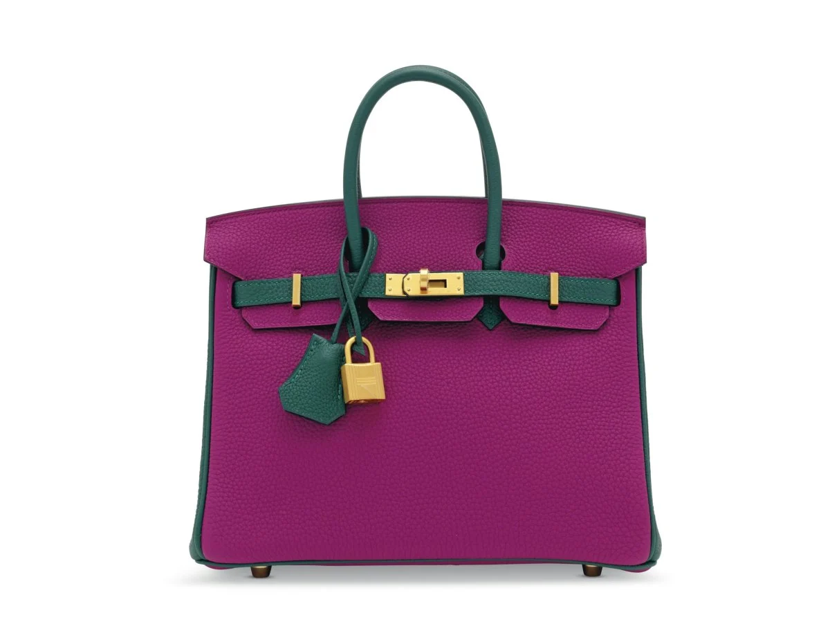 CUSTOM ROSE POURPRE & MALACHITE TOGO LEATHER BIRKIN 25 WITH BRUSHED GOLD HARDWARE.jpg