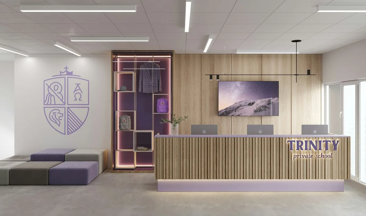 reception furniture table foyer indoors interior design lamp handbag laptop plant