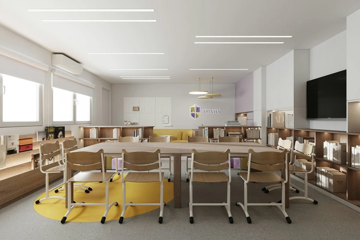 indoors interior design screen computer hardware monitor table chair classroom school tv