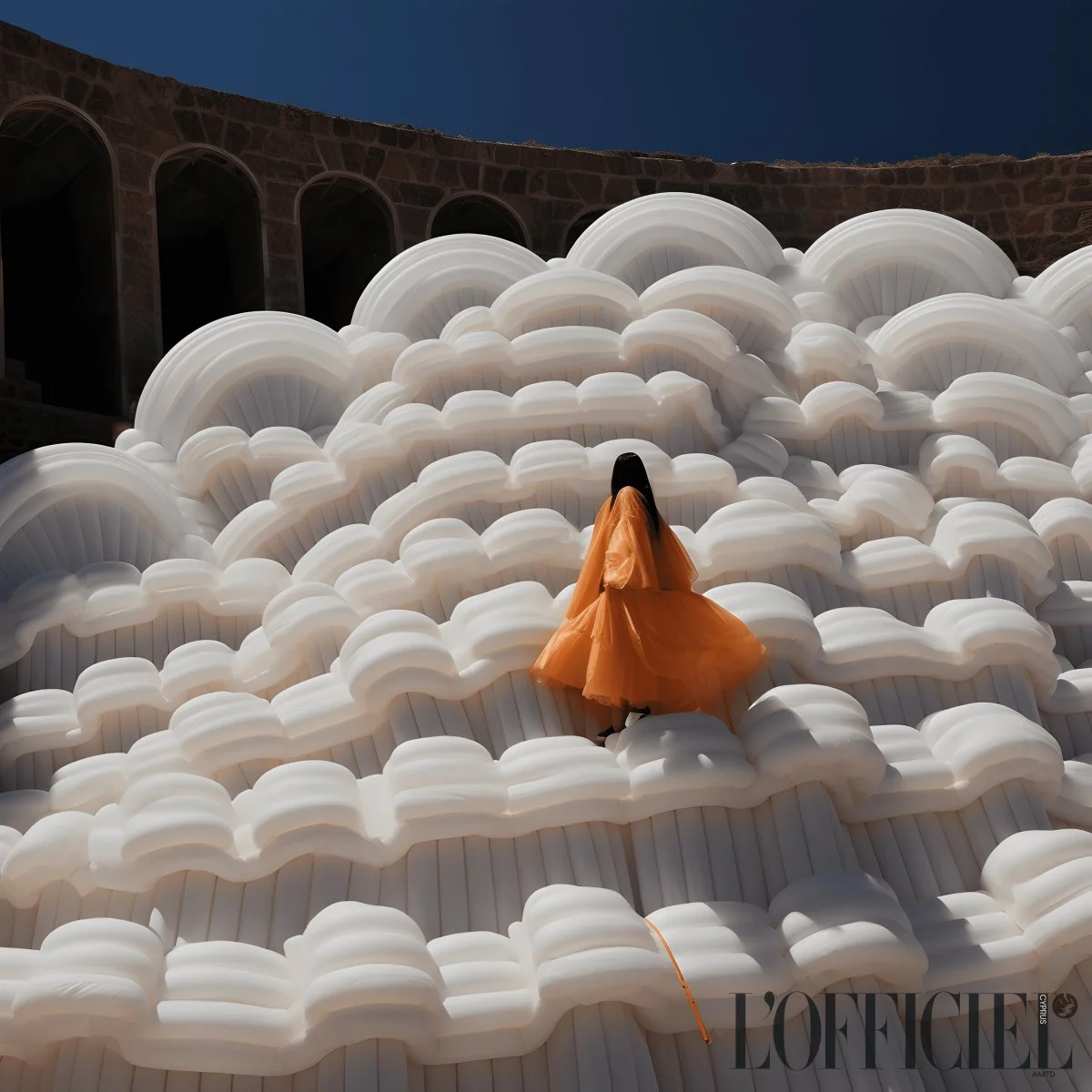 fashion outdoors shelter crib infant bed adult female person woman amphitheatre